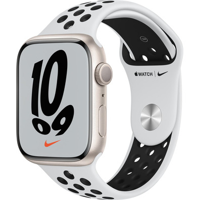 Apple Watch Series 7 Nike/GPS 45 mm Caja de Aluminio en Plata / Correa Deportiva Nike Platino Negro