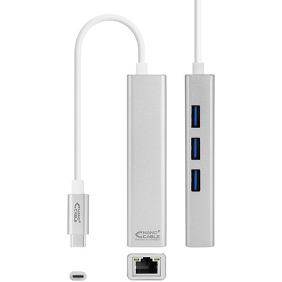 Cavo USB C 3,0 a RJ45 + 3xUSB 3,0 Plata Nanocable