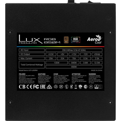 Fuente de Alimentación Gaming Aerocool LUX RGB 850M 850W