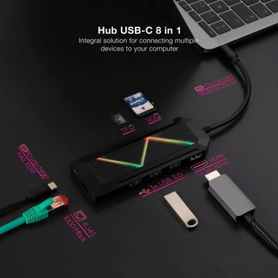 Nanocable Hub USB 3.0 10.16.0801 USB/USB - C/HDMI/RJ45 / Lector Tarjetas Negro