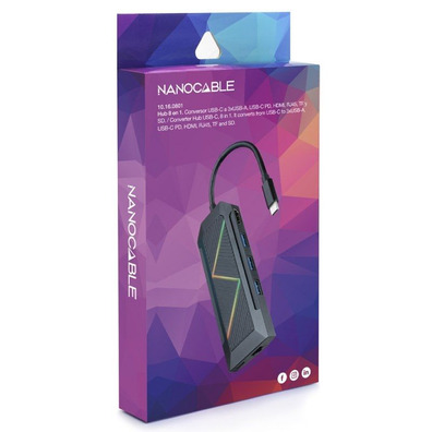 Nanocable Hub USB 3.0 10.16.0801 USB/USB - C/HDMI/RJ45 / Lector Tarjetas Negro