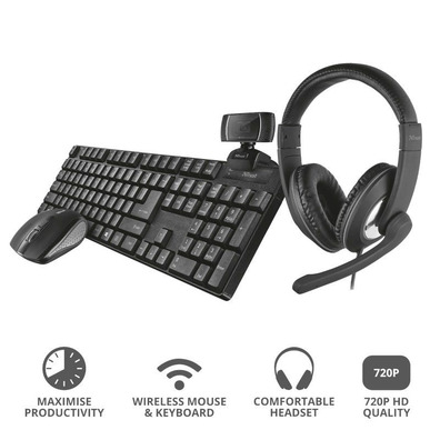 Confezione 4 en 1 Trust QOBY Home Office Set (Webcam + Teclado + Ratón + Auriculares)