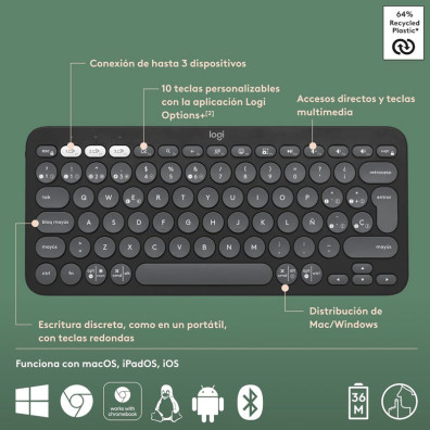Bluetooh Tastiera Logitech Pebble Keys 2 K380S Grafite